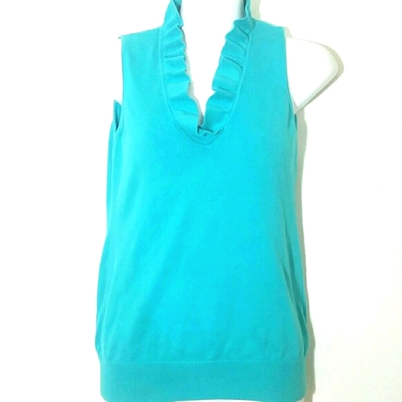 Ruffled Collar Feminine Tank top shell shirt knit Turquoise Aqua blue - Picture 1 of 4